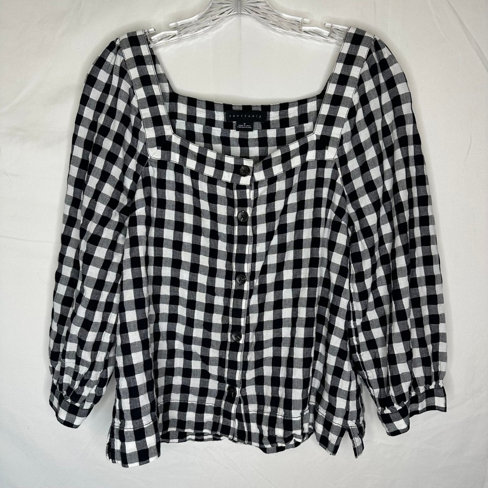 Sanctuary Womens Black White Gingham Square Neck Puff Sleeve Button Blouse M